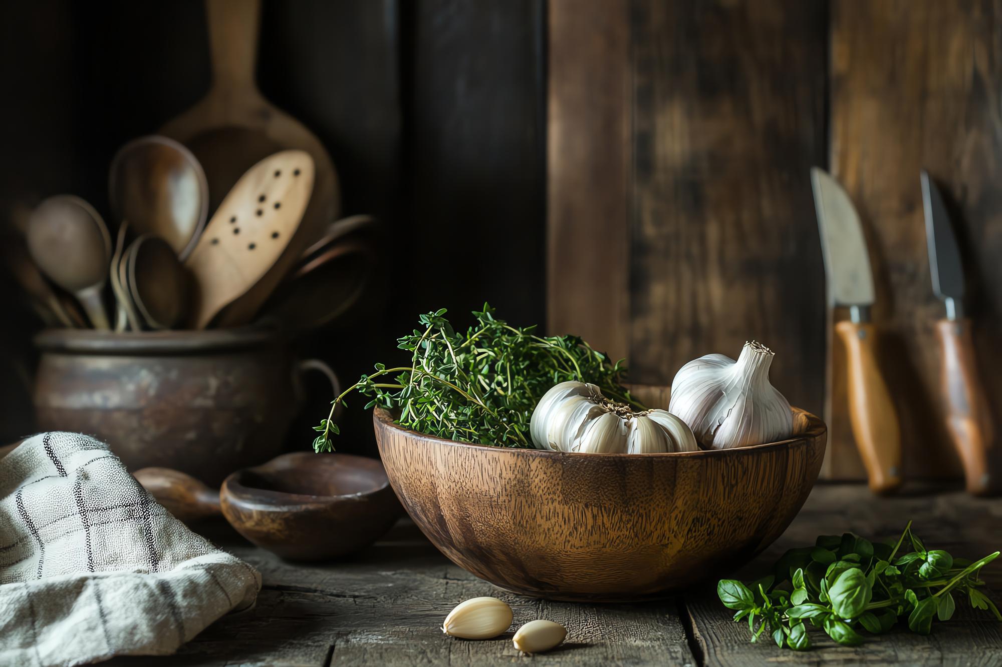artisan kitchen workspace with herbs and tools