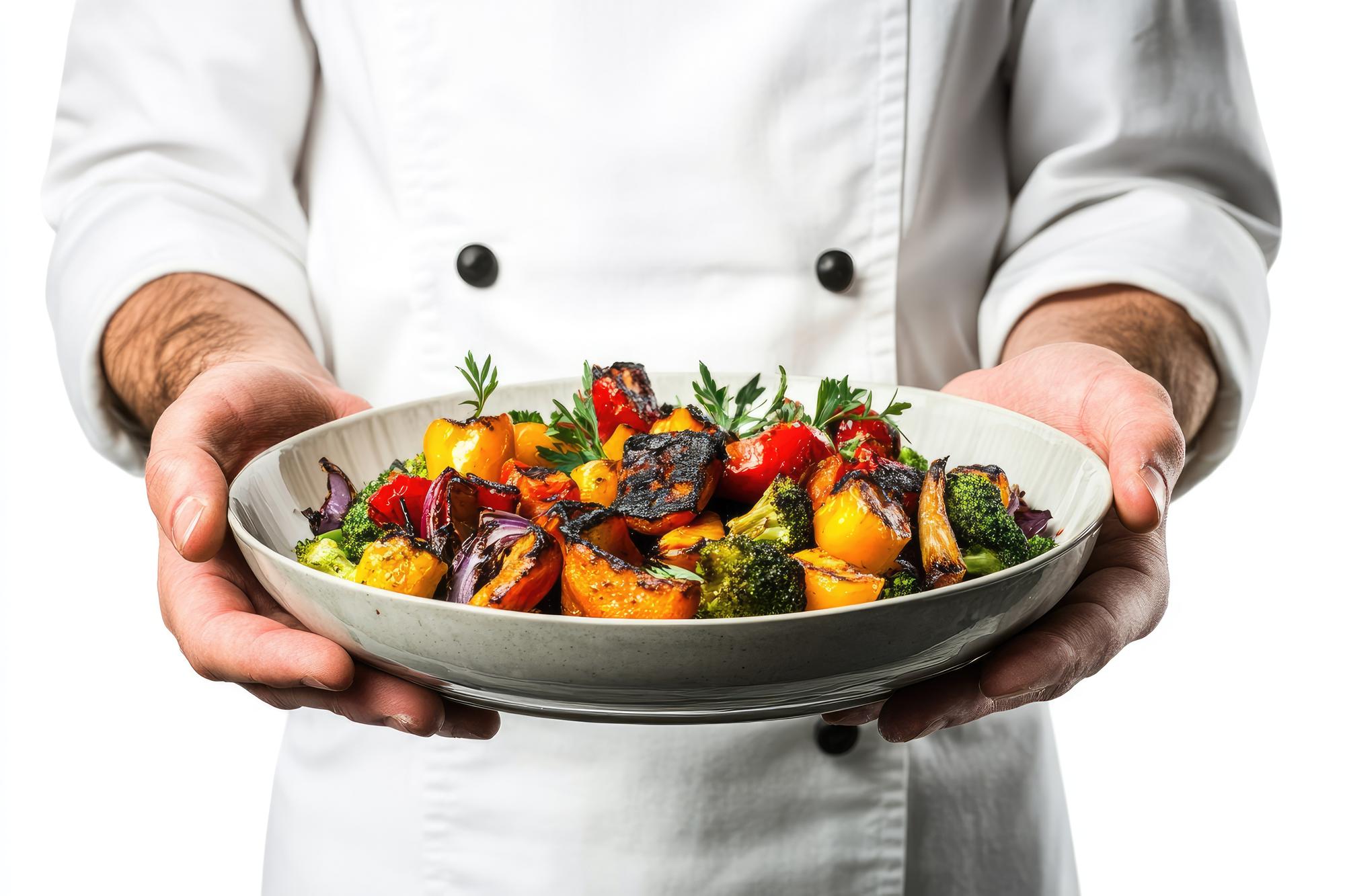 studio chef handing prepared dish to colleague