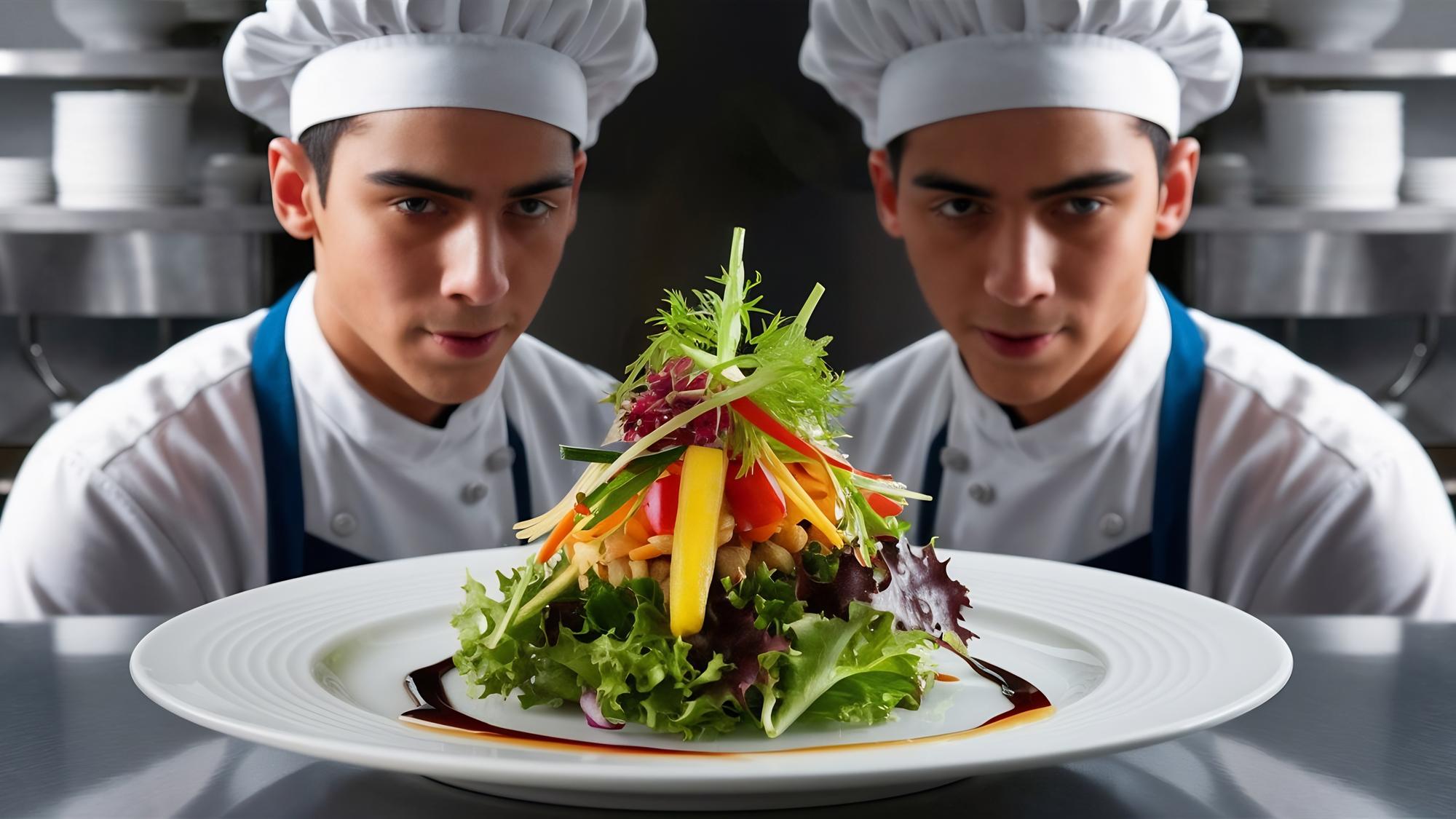two chefs collaborating over plated food